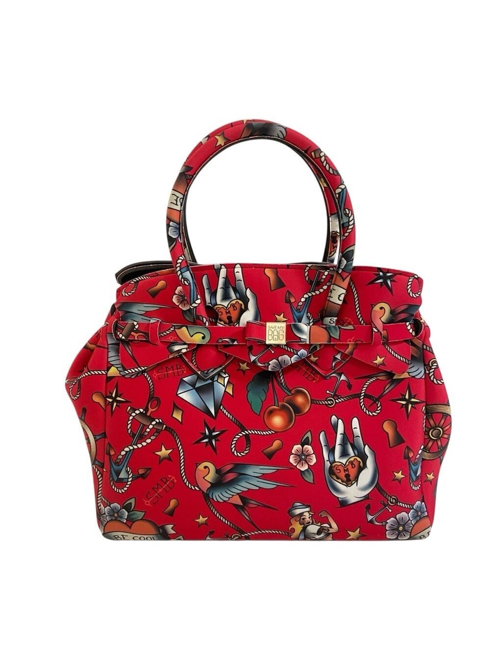 Save My Bag Red Tattoo-Print Designer Satchel With Bow Detail Lightweight Handle